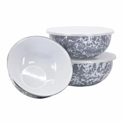 Best Sale 🥰 Golden Rabbit Enamelware Mixing Bowls With Lids - Set Of 3 | Grey Swirl 🧨